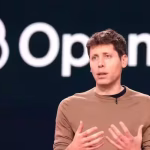 A professional portrait of Sam Altman during a high-level meeting in a modern, glass-walled office in Abu Dhabi, with a blurred cityscape in the background